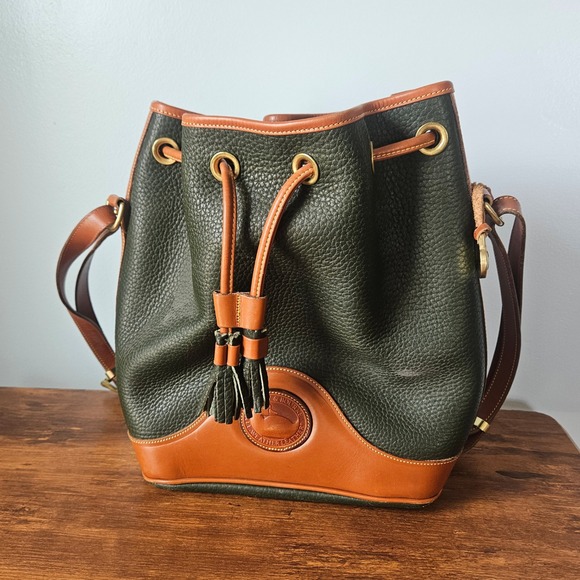 Dooney & Bourke Handbags - Dooney & Bourke Vintage 90s All Weather Leather Bucket Bag Green Tan Drawstring